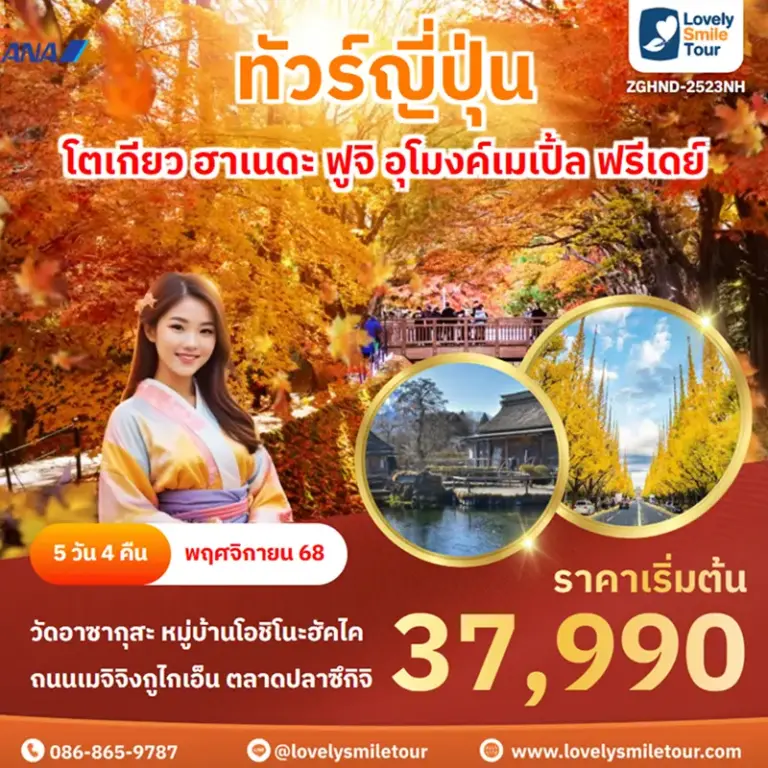 ทัวร์ญี่ปุ่น - โตเกียว ฮาเนดะ ฟูจิ อุโมงค์เมเปิ้ล ฟรีเดย์ 3 ZGHND 2523NH