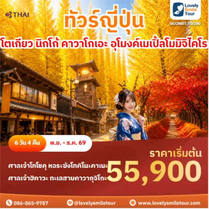 รหัสทัวร์GO2NRT-TG100 ทัวร์ญี่ปุ่น โตเกียว นิกโก้ คาวาโกเอะ อุโมงค์เมเปิ้ลโมมิจิไคโร