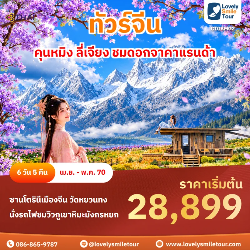 รหัสทัวร์ CTGKMG2 โปรแกรมทัวร์คุนหมิง ลี่เจียง ชมดอกจาคาแรนด้า